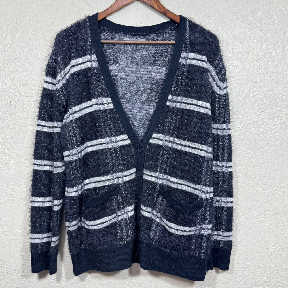 Rubbish Cardigan Sweater XL Chunky Fuzzy Soft Nylon Navy Lagenlook‎ Artsy Luxury